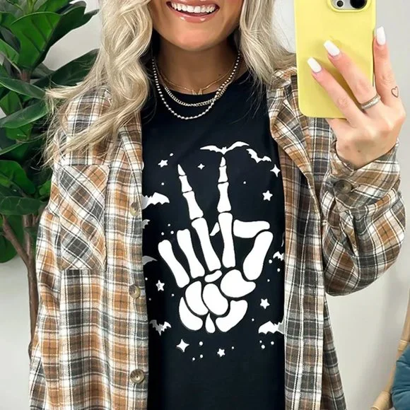 Black Halloween Bat & Skeleton Hand Graphic Tee - Picture 1 of 12